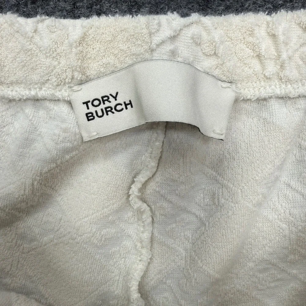 Tory Burch Ivory T-Monogram Terry Cloth Lounge Shorts Small Cream Piping